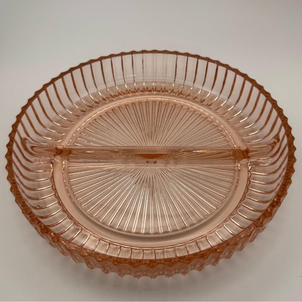 Vintage Pink Depression Glass Divided Relish Dish - Ribbed Pattern
